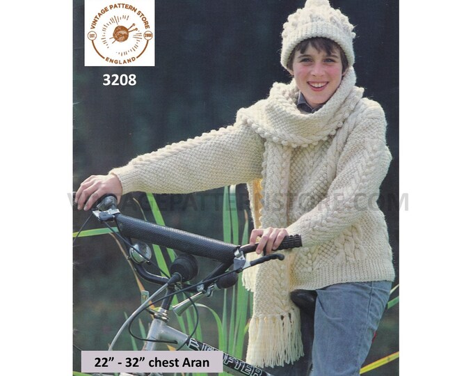 Boys Girls 80s crew neck cabled cable & texture dolman aran sweater jumper hat and scarf pdf knitting pattern 22" to 32" Download 3208
