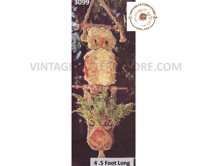 70s vintage macrame owl plant hanger pdf macrame pattern, 70s vintage retro indoor garden gardening 4.5 foot PDF download 3099