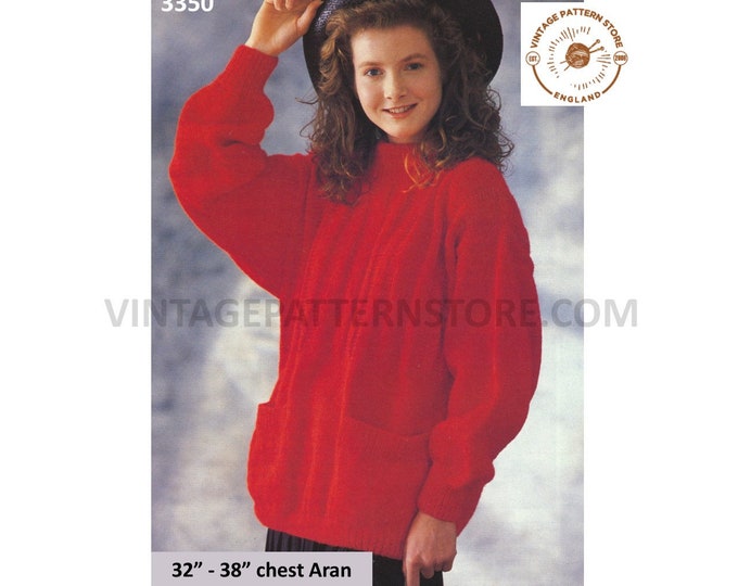 Ladies Womens 80s vintage easy to knit round neck rib yoke long line aran dolman sweater pdf knitting pattern 32" to 38" bust Download 3350