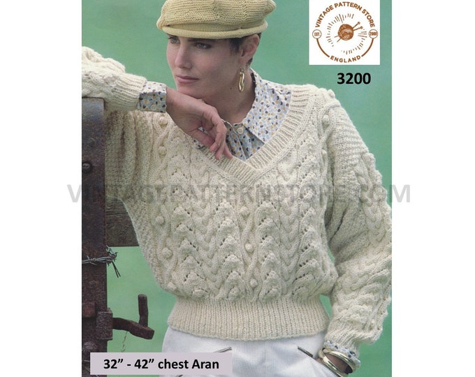 Ladies Womens 80s vintage V neck cable cabled drop shoulder dolman aran sweater jumper pdf knitting pattern 32" to 42" chest Download 3200