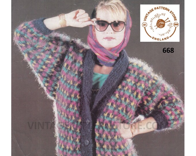 Ladies Womens 90s shawl collar V neck fair isle colourwork dolman mohair cardigan jacket pdf knitting pattern 32" to 44" PDF download 668