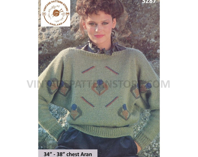 Ladie Womens 80s vintage slash neck drop shoulders thistle motif aran dolman sweater jumper knitting pattern 34" - 38" PDF Download 3287