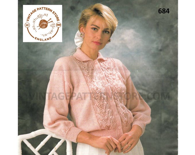 Ladies Womens 90s 4 ply collared round neck cable & eyelet lace drop shoulder raglan cardigan pdf knitting pattern 32" to 42" Download 684