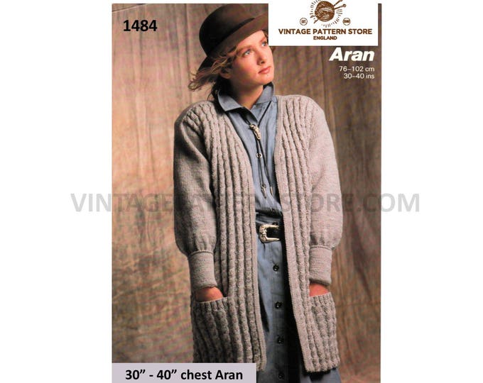 Ladies Womens 90s V neck long line drop shoulder cabled cable ribbed rib aran jacket coat pdf knitting pattern 30" to 40" Download 1484