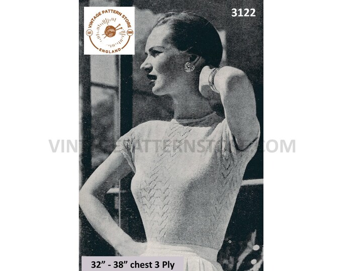 Ladies Womens 50s 3 ply round neck short sleeve lace panel raglan slipover sweater vest blouse pdf knitting pattern 32" to 38" Download 3121