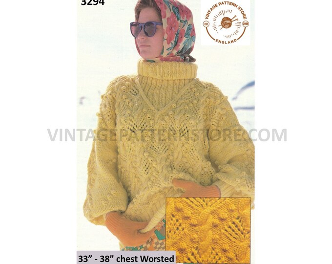 Womens 80s vintage cable cabled lacy polo neck drop shoulder dolman worsted sweater jumper pdf knitting pattern 33" to 38" Download 3294