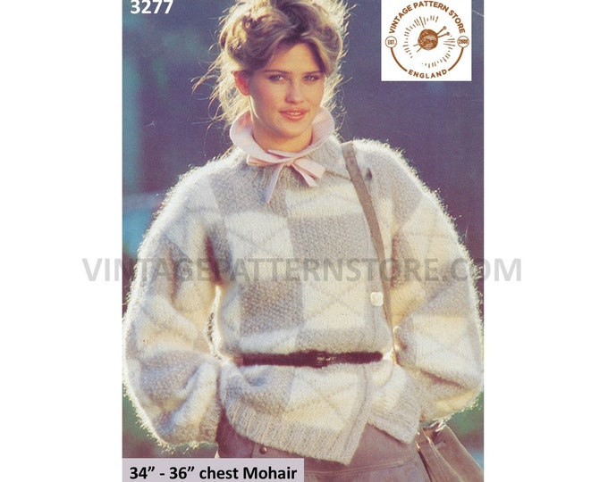 Womens Ladies 80s vintage side buttoned drop shoulder bold check mohair dolman cardigan pdf knitting pattern 34" to 36" chest Download 3277