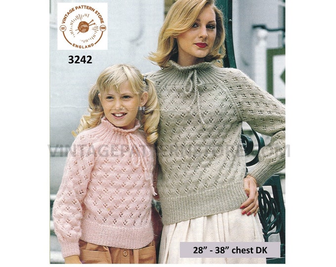 Ladies girls sweater knitting pattern, Womens Ladies Girls 70s funnel neck eyelet lace lacy DK sweater pattern - 28" - 38" PDF download 3242