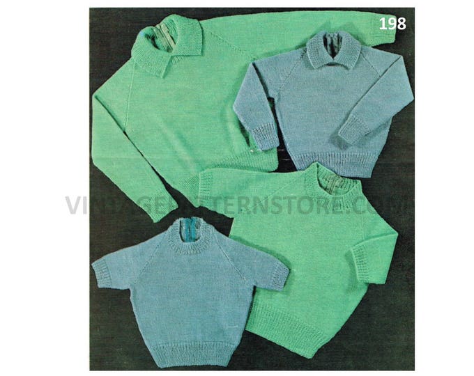 Baby Babies Boys Girls 80s vintage simple and easy to knit 3 ply raglan sweater jumper pdf knitting pattern 1 to 5 years PDF download 198