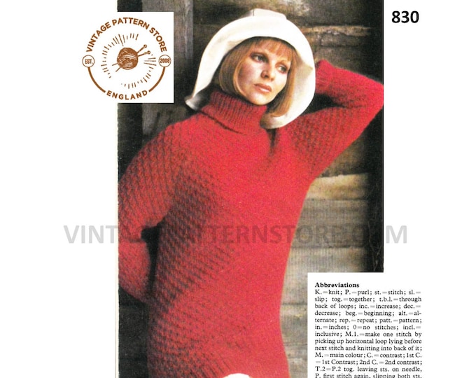 Ladies Womens 70s vintage chunky knit turtleneck polo neck textured raglan sweater jumper pdf knitting pattern 34" to 38" chest Download 830