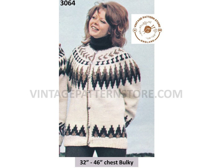 Ladies Womens Mens 80s vintage round neck fair isle yoke yoked bulky knit cardigan jacket pdf knitting pattern 32" to 46" PDF Download 3064