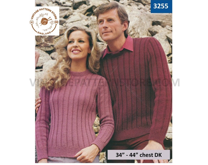 Ladies Mens 80s sweater knitting pattern, Womens Ladies Mens 80s ribbed rib DK sweater jumper pattern, 34" - 44" chest - PDF download 3255