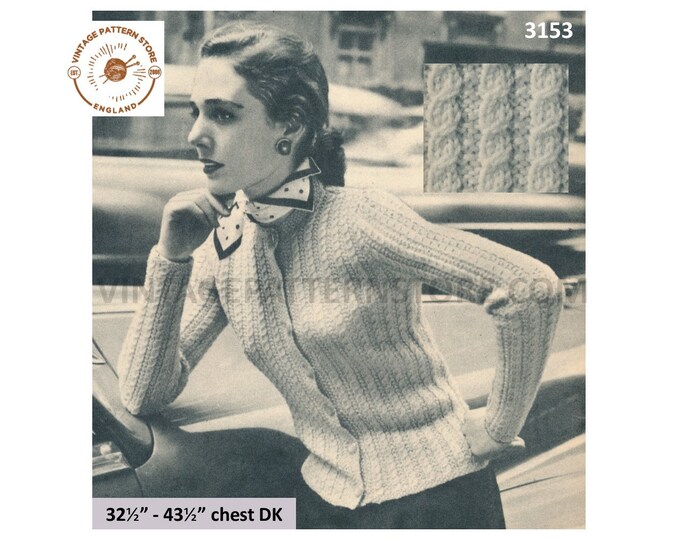 Ladies Womens 50s vintage DK round neck twist cable cabled raglan cardigan pdf knitting pattern 35.5" to  43.5" Bust Instant Download 3153
