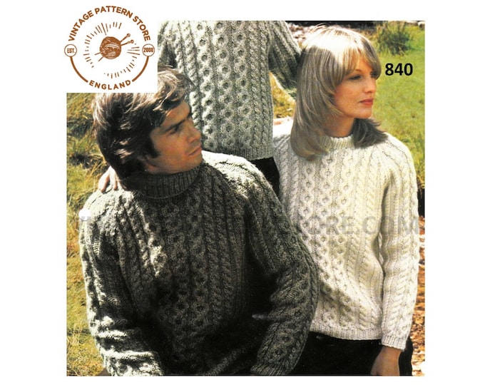 Ladies Womens Mens Boys Girls 80s Family polo neck chunky knit cabled raglan sweater jumper pdf knitting pattern 26" to 42" PDF download 840