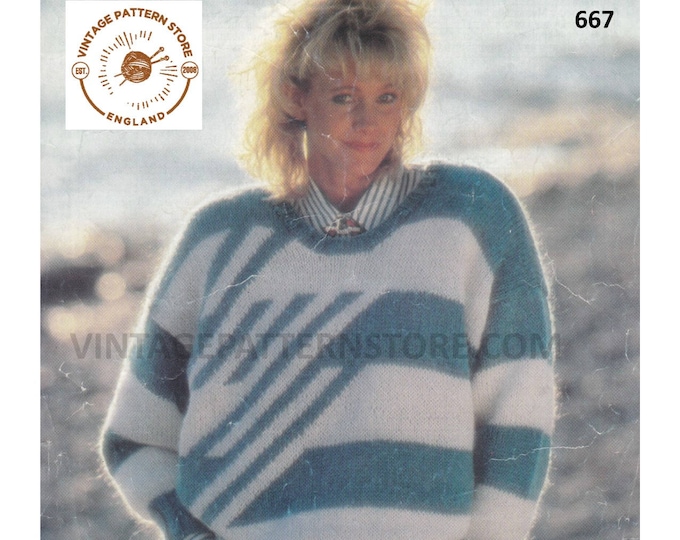 Ladies Womens 90s round neck drop shoulder striped dolman mohair sweater jumper pdf knitting pattern 32" to 38" Instant PDF download 667