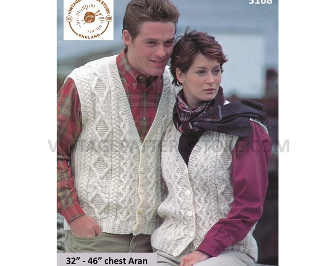 Womens Ladies Mens 90s V neck cable cabled sleeveless aran cardigan waistcoat pdf knitting pattern 32" to 46" chest Instant Download 3168