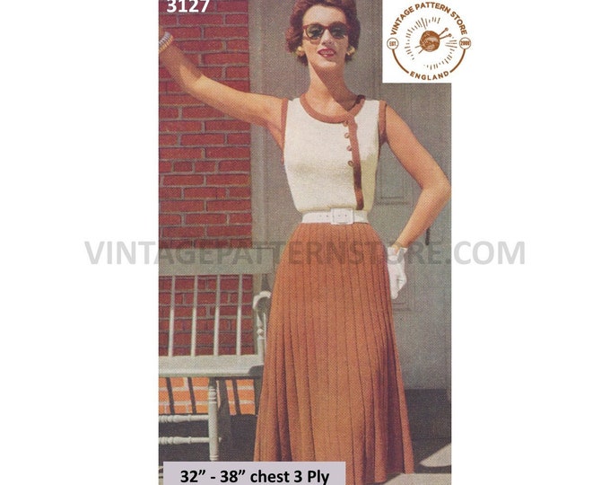 Ladies Womens 50s 3 ply long line maxi skirt & side button scoop neck slipover Summer top pdf knitting pattern 32" to 38" PDF Download 3127