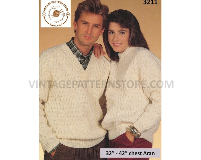 Ladies Womens Mens 90s V or crew neck texture textured raglan aran sweater jumper pullover pdf knitting pattern 32" to 42" Download 3211