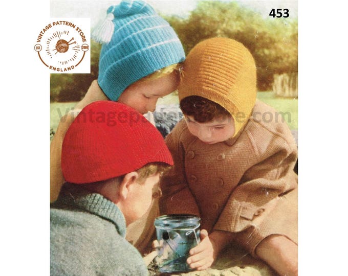 Boys Girls Childrens 50s vintage easy to knit 3 ply balaclava helmet & jockey cap hat pdf knitting pattern 3 to 6 years Instant Download 453