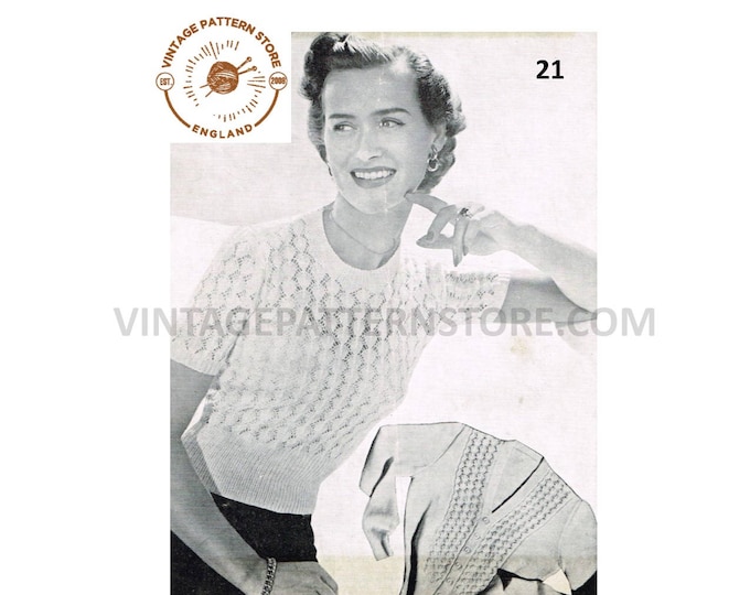 Ladies Womens 50s vintage 3 ply round neck lacy short sleeve raglan sweater & lace panel cardigan pdf knitting pattern 34" chest Download 21