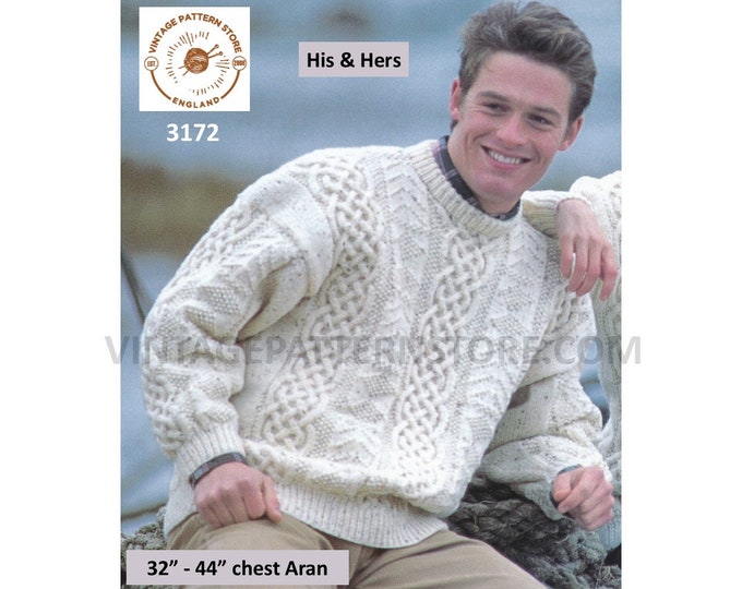 Ladies Womens Mens 90s crew neck celtic cable panel drop shoulder slouchy aran sweater jumper pdf knitting pattern 32" to 44" Download 3172