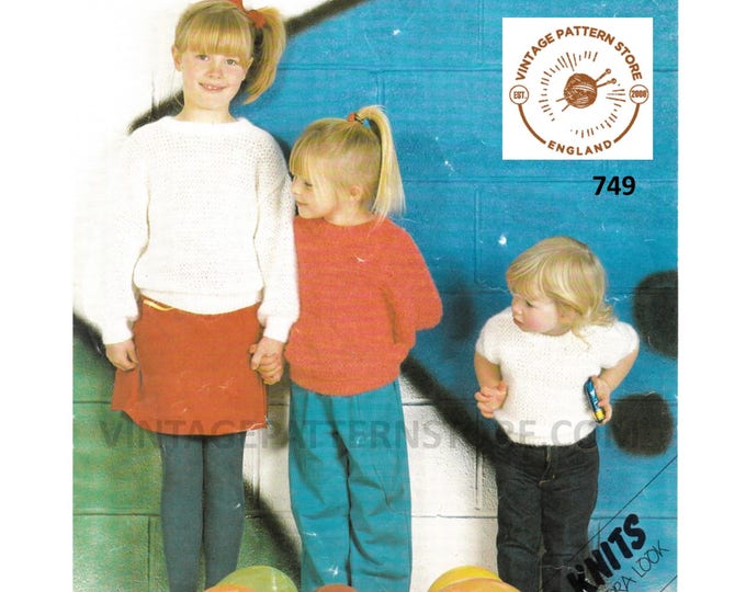 Girls 90s easy to knit DK round neck long or short sleeve drop shoulder dolman sweater jumper pdf knitting pattern 20" to 30" Download 749