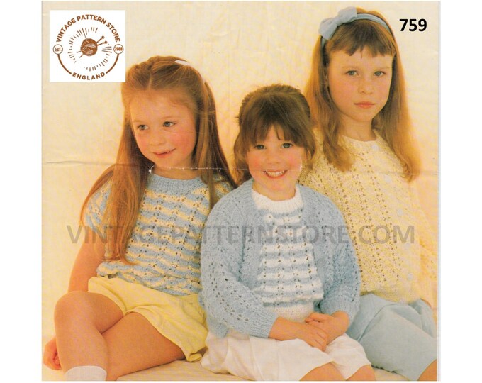 Toddlers Girls 90s long or short sleeve lacy round neck raglan DK cardigan sweater twin set pdf knitting pattern 20" to 30" PDF download 759