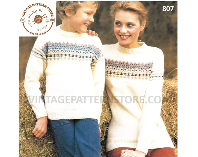 Ladies Womens Mens Boys Girls 70s Family fair isle banded 4 ply drop shoulder sweater jumper pdf knitting pattern 26" to 38" Download 807