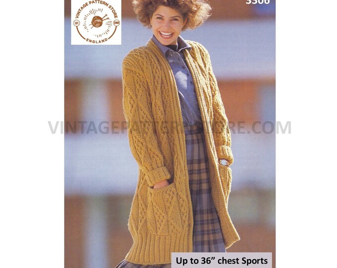Ladies Womens 90s 5 ply long line drop shoulder cable cabled aran style dolman jacket coat pdf knitting pattern Up to 36" bust Download 3306