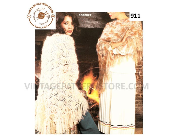 Ladies Womens 70s vintage large fringed lacy mohair shawl wrap pdf crochet pattern Instant PDF Download 911