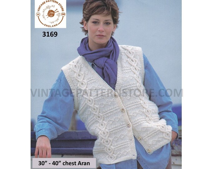 Ladies Womens 90s V neck cable cabled sleeveless aran cardigan waistcoat pdf knitting pattern 30" to 40" chest Instant PDF download 3169