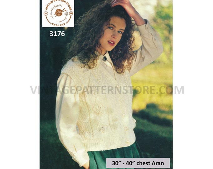 Ladies Womens 90s V neck cabled cable & texture panel sleeveless aran cardigan waistcoat pdf knitting pattern 30" to 40" chest Download 3176