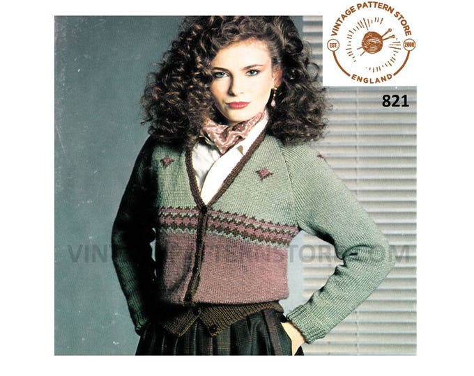 Ladies Womens 80s vintage V neck 2 colour fair isle banded DK raglan cardigan pdf knitting pattern 32" to 38" chest Instant PDF download 821