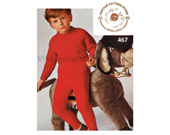 Toddlers Boys 80s vintage DK crew neck cable cabled raglan sweater Jumper & trousers pdf knitting pattern 22" to 23" Instant Download 467