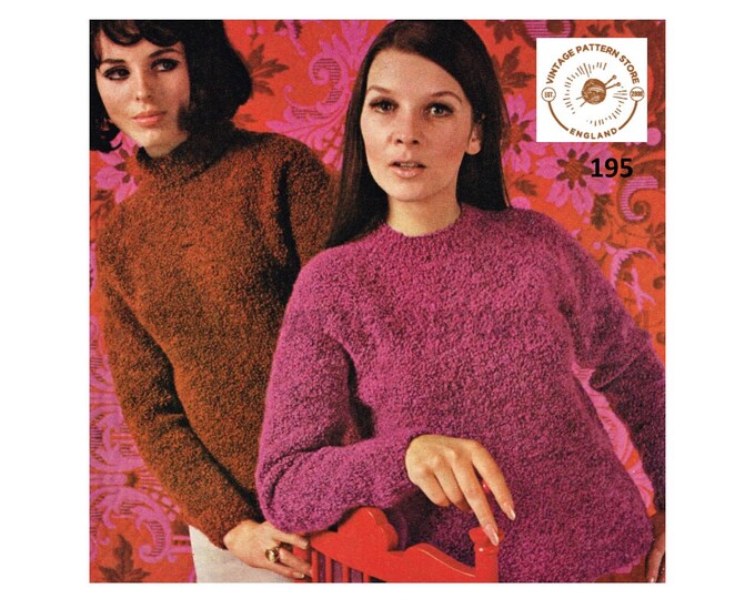 Ladies Womens 60s vintage easy to knit round or polo neck DK raglan sweater jumper pdf knitting pattern 34" to 38" chest PDF Download 195