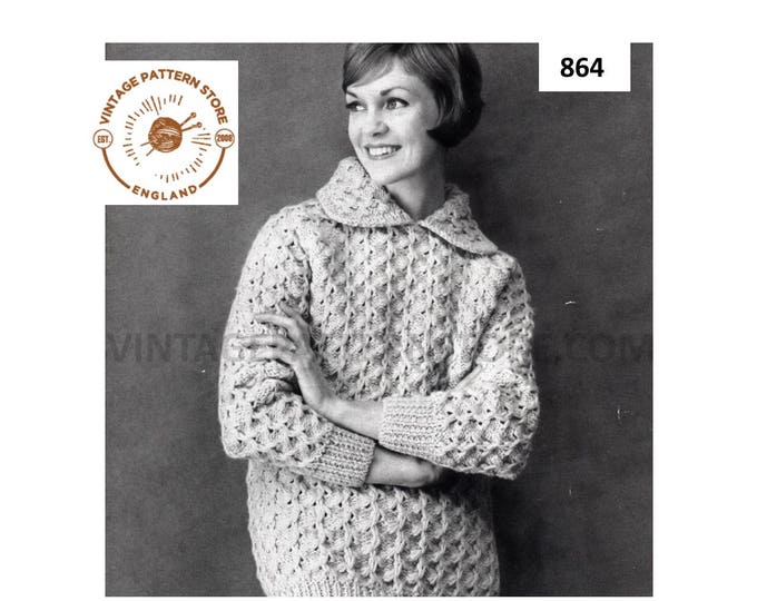 Ladies Womens 50s vintage round neck collared long line slouchy raglan DK sweater jumper pdf knitting pattern 35" to 37" PDF download 864