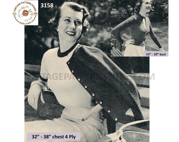 Ladies Womens 50s vintage easy to knit 4 ply round neck raglan cardigan & sweater twin set pdf knitting pattern 32" to 38" Download 3158