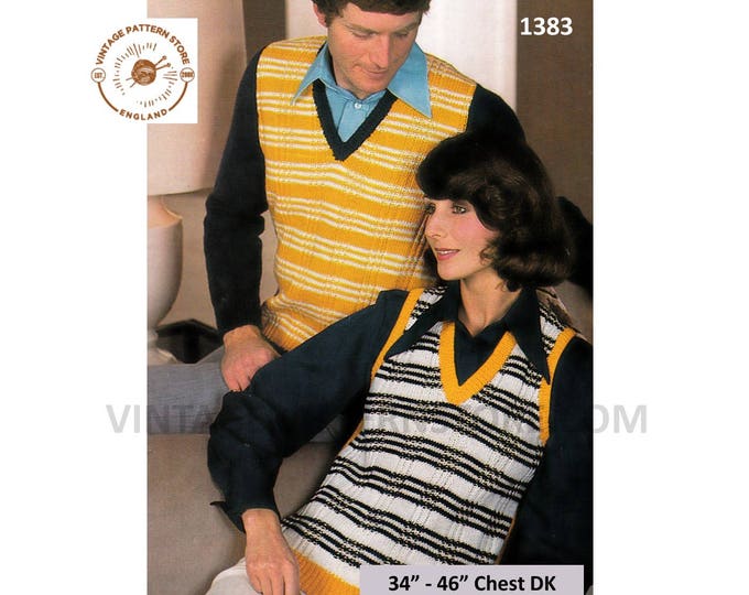 Ladies Womens Mens 70s vintage V neck striped DK sleeveless slipover sweater vest tank top pdf knitting pattern 34" to 46" PDF download 1383