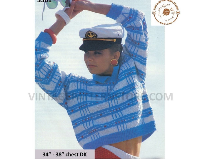 Ladies Womens 80s vintage DK striped crop top cropped dolman sweater jumper pdf knitting pattern 34" to 38" bust Instant PDF Download 3361