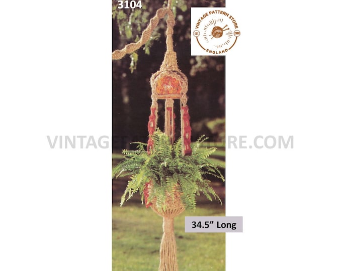 70s vintage overhead light macrame plant hanger pdf macrame pattern, 70s vintage retro indoor garden gardening 34.5" Long PDF download 3104