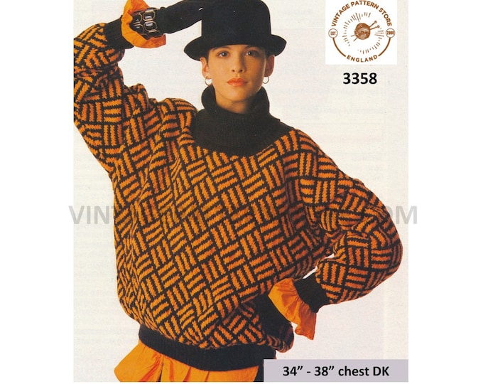 Womens Ladies 80s vintage polo neck colourwork slouchy dolman sweater jumper pdf knitting pattern 34" to 38" bust Instant PDF Download 3358