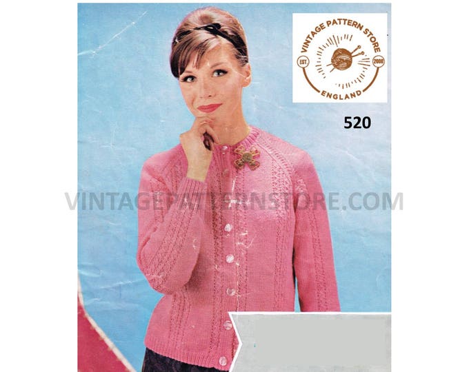 Ladies Womens 70s vintage DK round neck cable cabled raglan cardigan pdf knitting pattern 34" to 40" chest Instant PDF download 520
