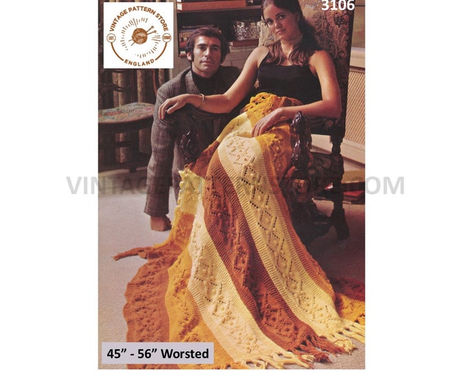 70s vintage retro worsted cable cabled striped fringed afghan throw pdf knitting pattern 45" by 56" Instant PDF download 3106