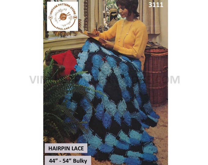 70s afghan throw crochet & hairpin lace pattern, 70s patchwork bulky knit afghan throw pattern - 44" x 54" - PDF download 3111