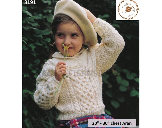Girls Toddlers 90s shawl collar cable cabled dolman aran sweater jumper pullover pdf knitting pattern 20" to 30" chest PDF download 3191