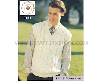 Mens Mans 90s V neck cable cabled cap sleeve aran slipover sweater vest tank top pdf knitting pattern 34" to 44" chest PDF download 3183