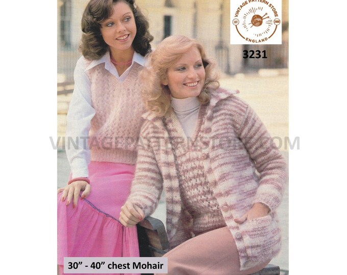 Womens mohair knitting pattern, Womens Ladies 70s easy to knit mohair cardigan & slipover pattern - 30" - 40" chest PDF download 3231
