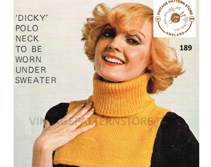 Ladies Womens 80s vintage beginners easy to knit DK polo turtleneck dickie insert pdf knitting pattern Instant PDF download 189