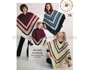 Ladies Womens Girls 70s vintage striped and fringed DK poncho pdf crochet and knitting pattern Instant PDF download 73