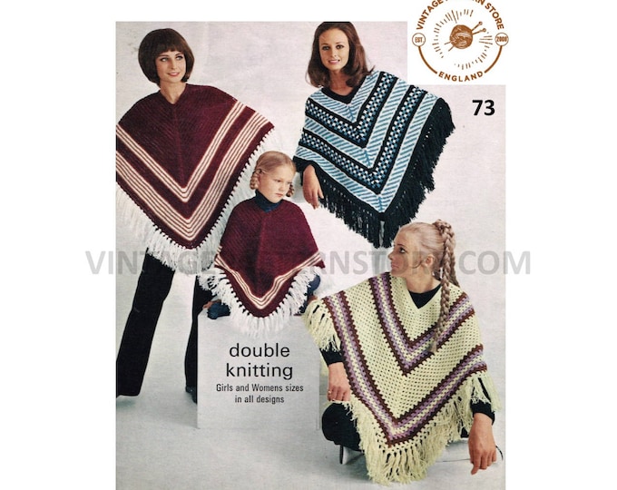 Ladies Womens Girls 70s vintage striped and fringed DK poncho pdf crochet and knitting pattern Instant PDF download 73